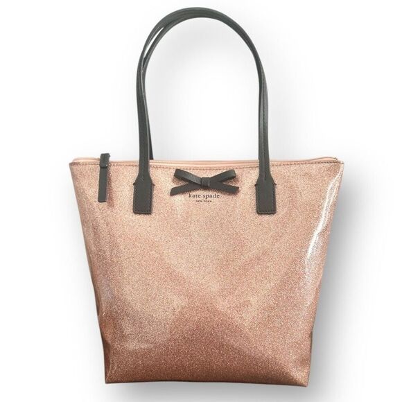 Kate Spade Small Tote Bag Rose Gold Glitter Bow Accent Designer Purse Handbag - Picture 8 of 16